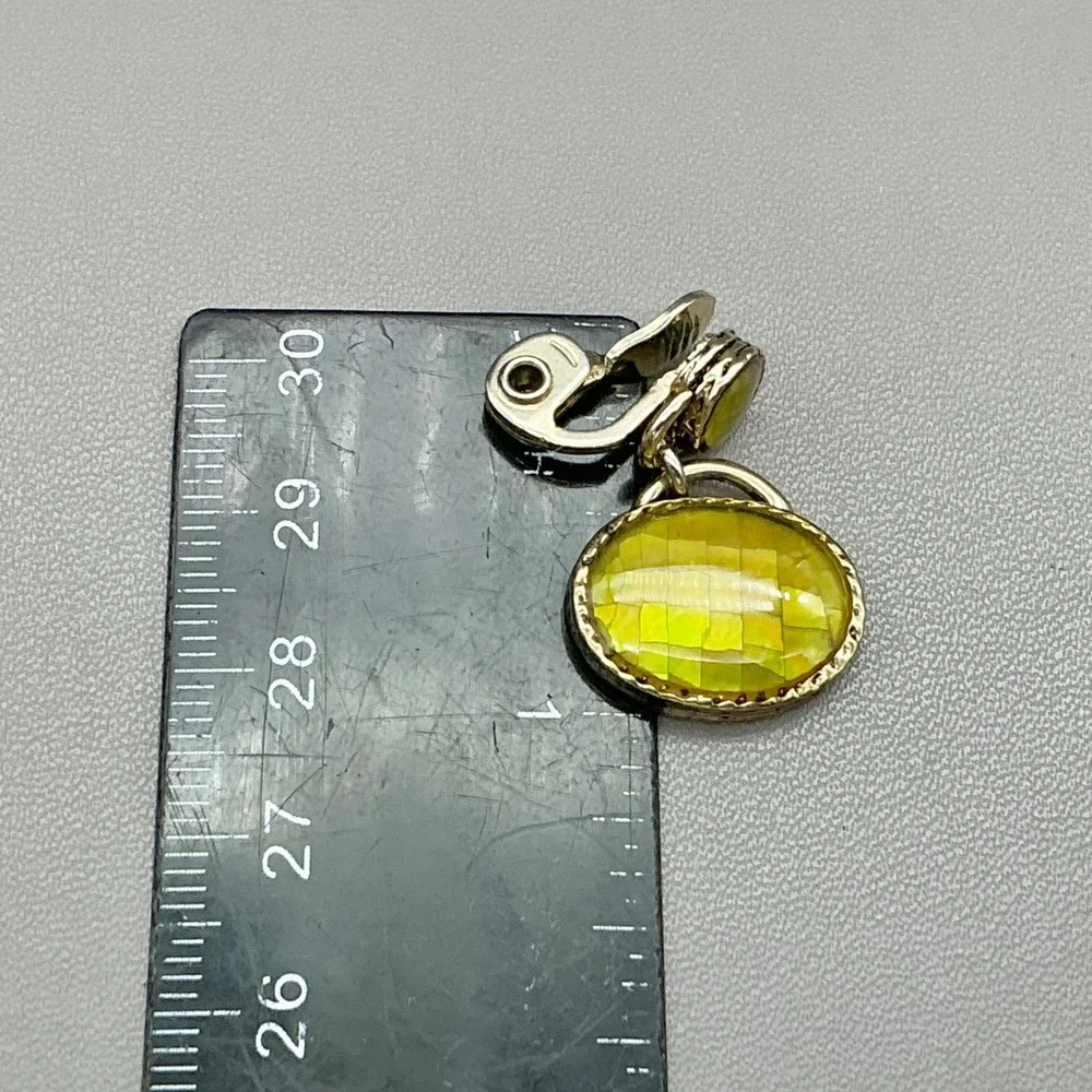 Monet Earrings Green Mother of Pearl Clip On Dangle Gold Tone Signed 1.25